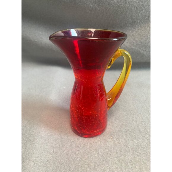 Vintage Crackle Red Glass Miniature Pitcher Vase with Yellow Handle - Picture 9 of 9